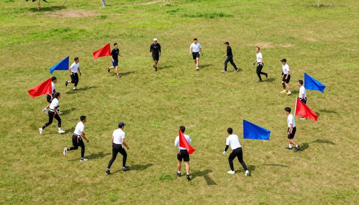 Teams of people playing capture the flag in a large outdoor field with colorful flags