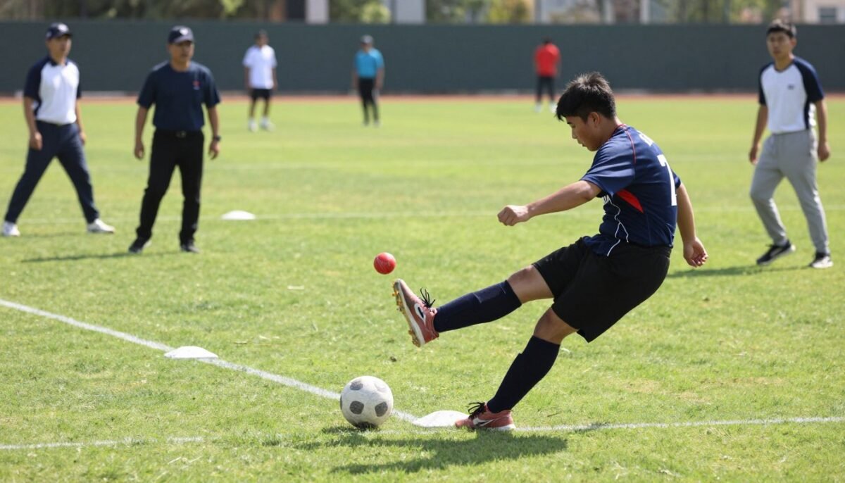 Teams playing kickball on a large outdoor field with bases set up