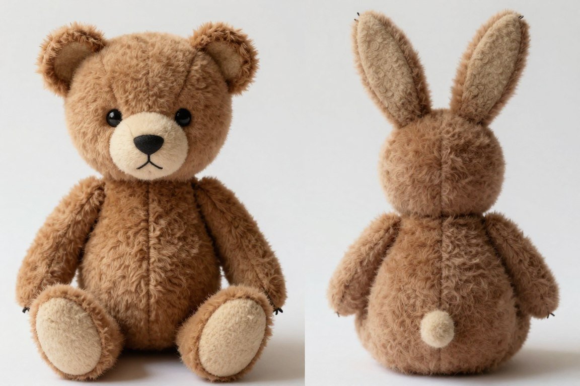 Teddy bear and bunny made from same pattern showing variation possibilities