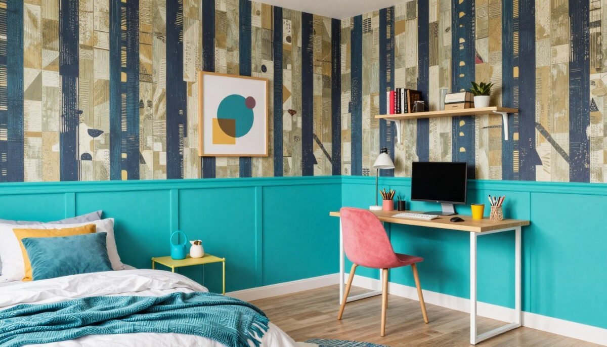 Teen bedroom with bold graphic wallpaper and turquoise paint