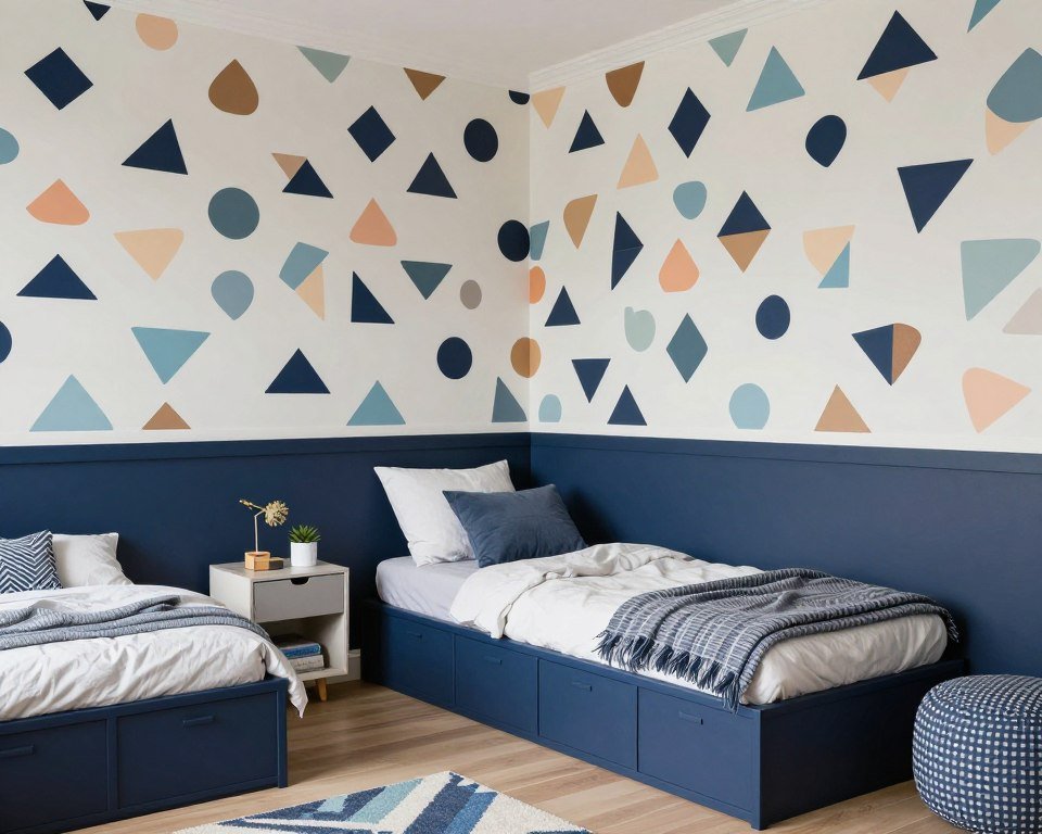 Teen bedroom with geometric wallpaper and navy paint