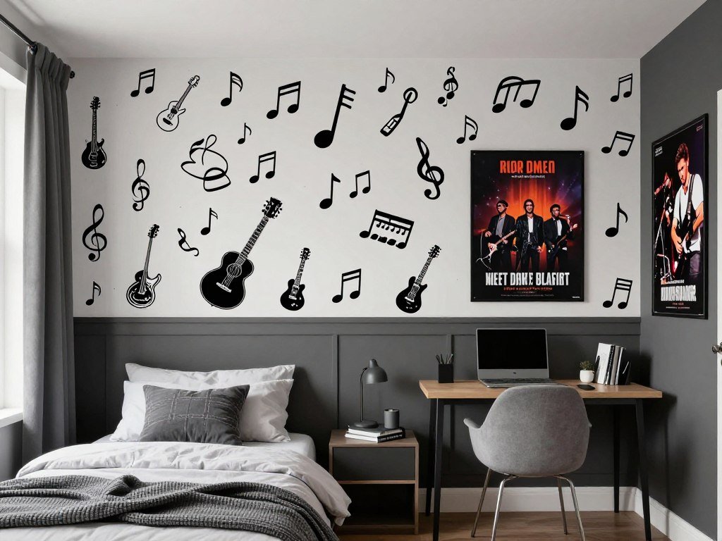 Teen room with music-themed wallpaper and gray paint