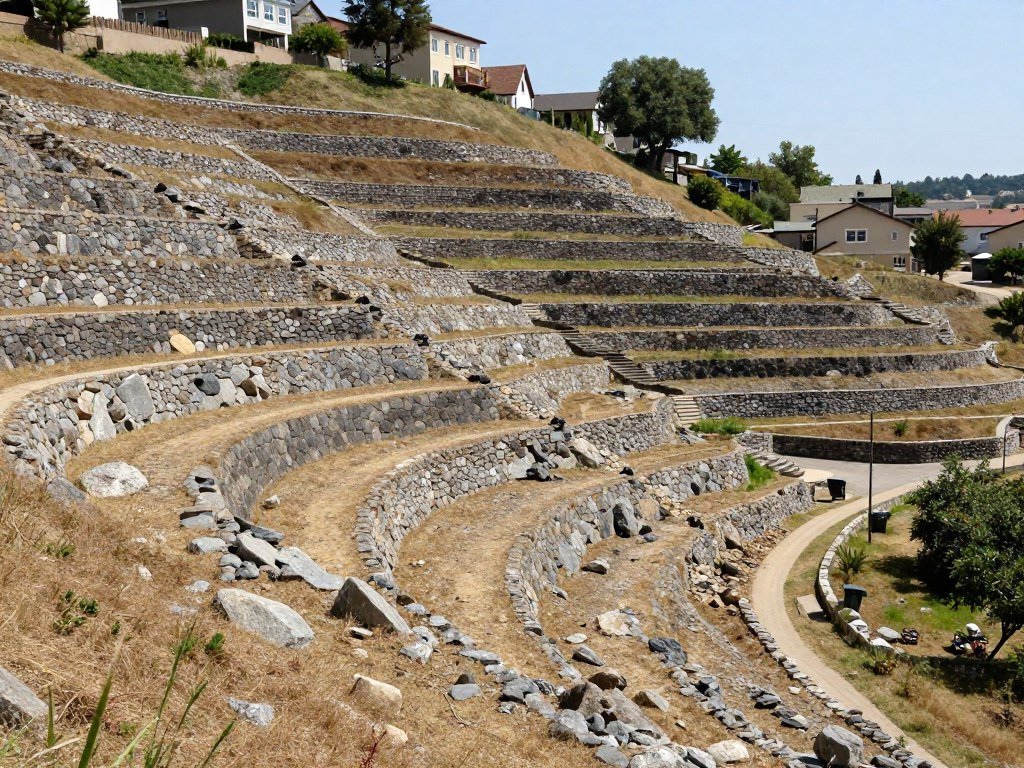 Terraced dry creek bed on hillside with multiple levels
