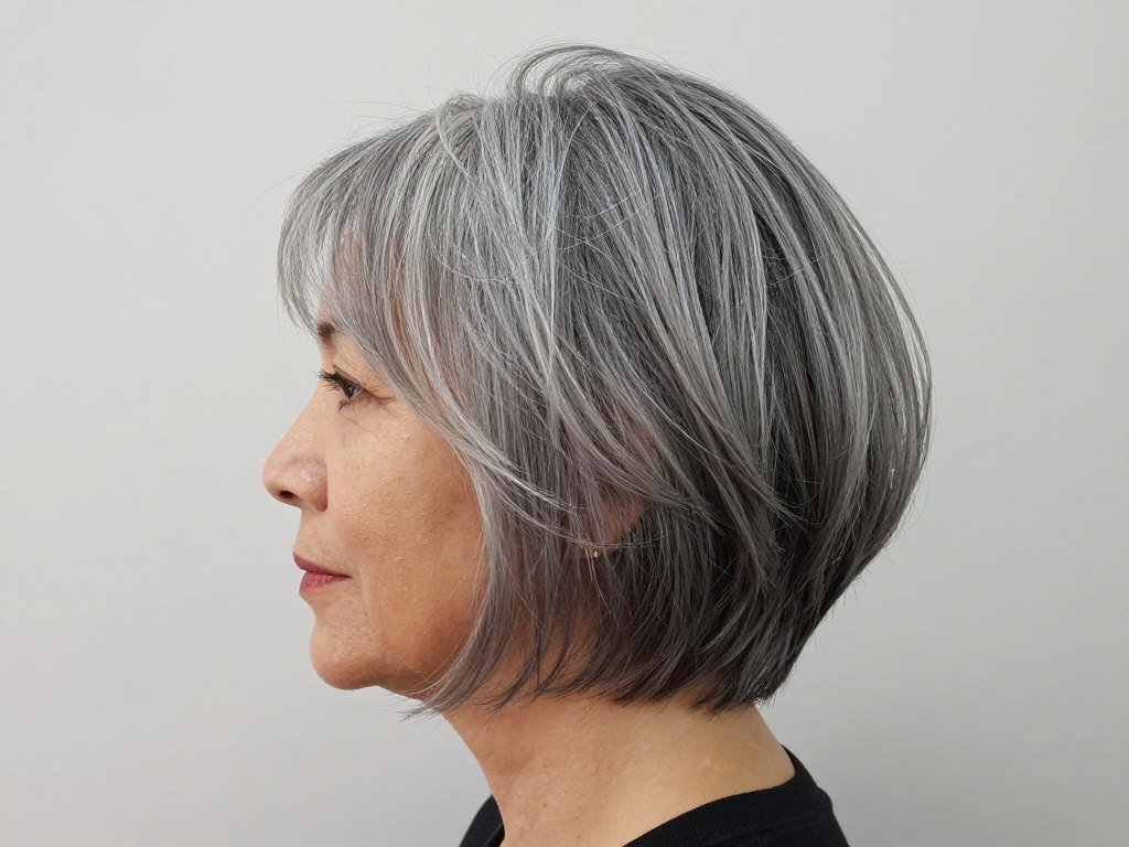 Textured gray bob hairstyle for mature women showing layers and movement