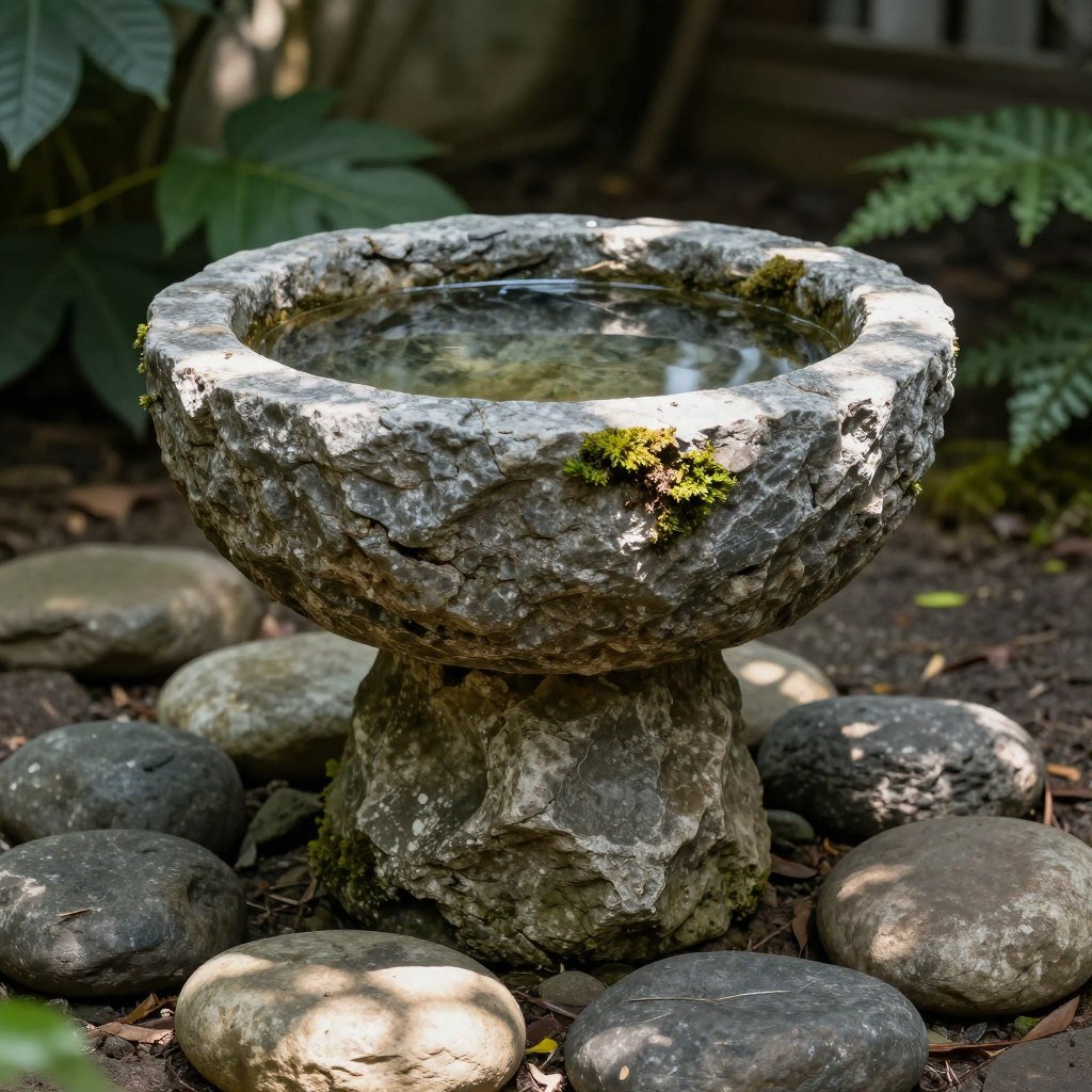 Textured hypertufa bird bath bowl