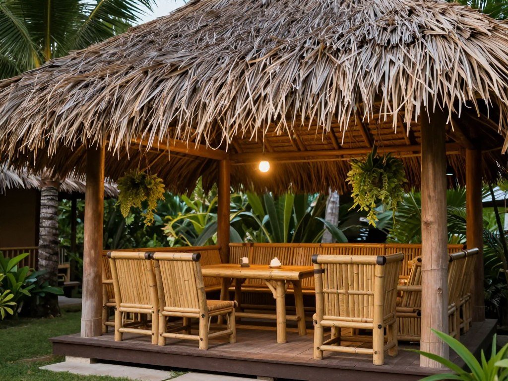 Thatched roof section over lanai dining area