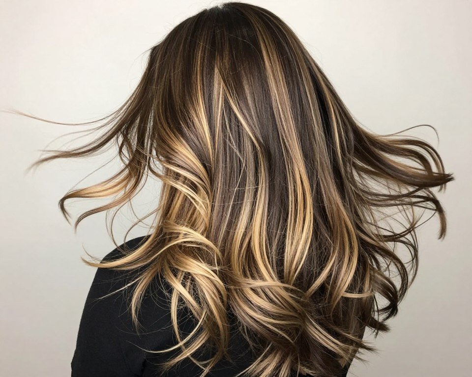 Thick blonde highlights creating bold dimension in dark brown hair