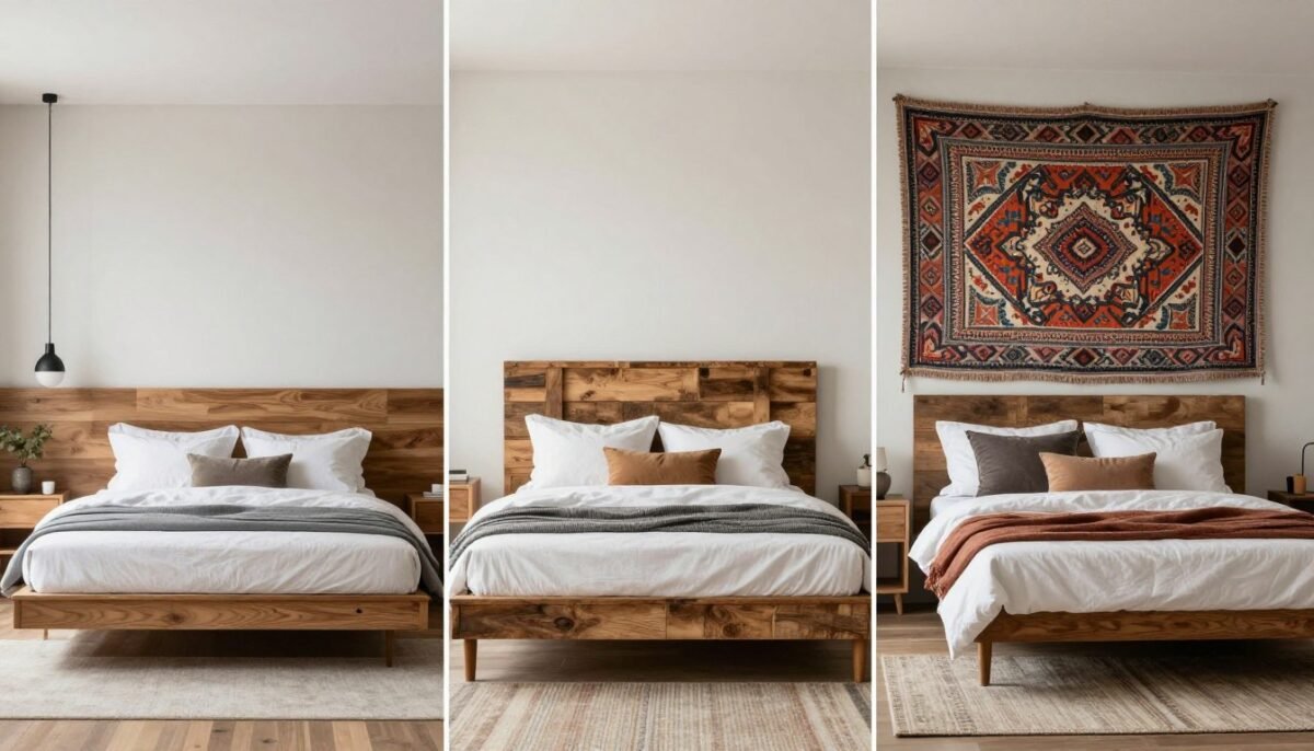 Three bedroom styles showing modern minimalist, rustic farmhouse, and bohemian DIY headboard designs side by side