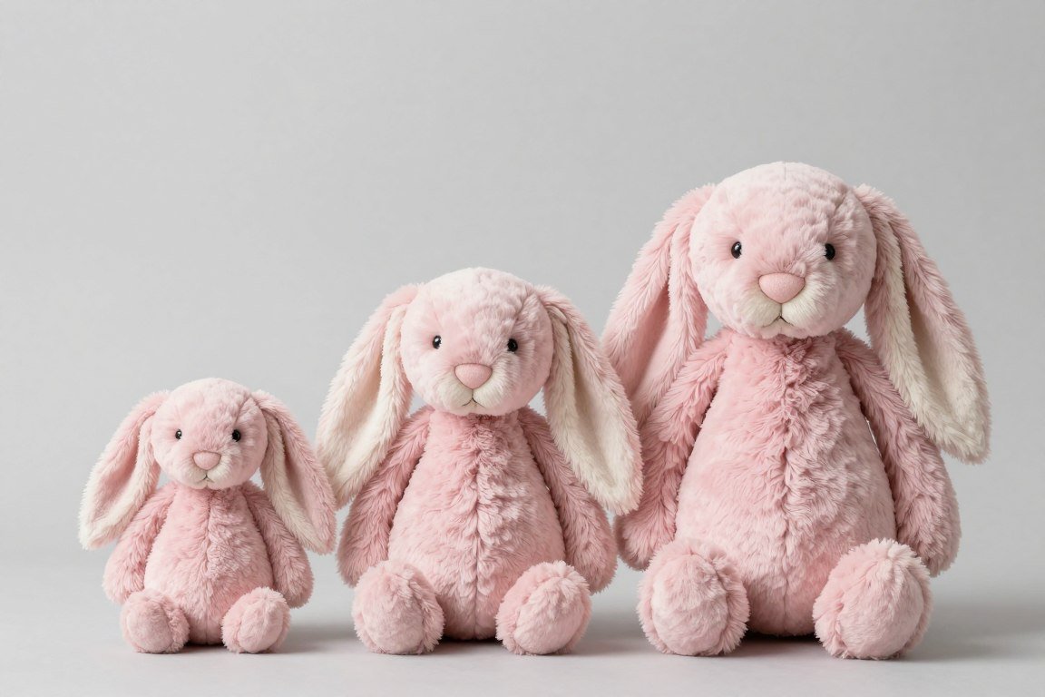 Three stuffed bunnies in small, medium, and large sizes displayed side by side