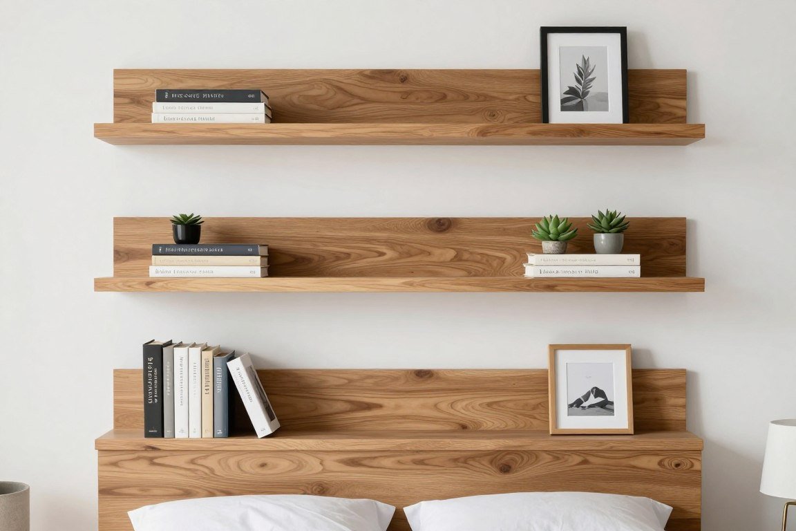 Three-tier floating wood shelf headboard styled with books, plants, and decor items in modern bedroom