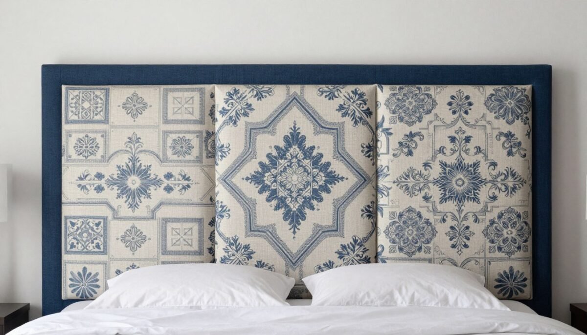 Three upholstered fabric panels in coordinating patterns mounted as modular DIY headboard design