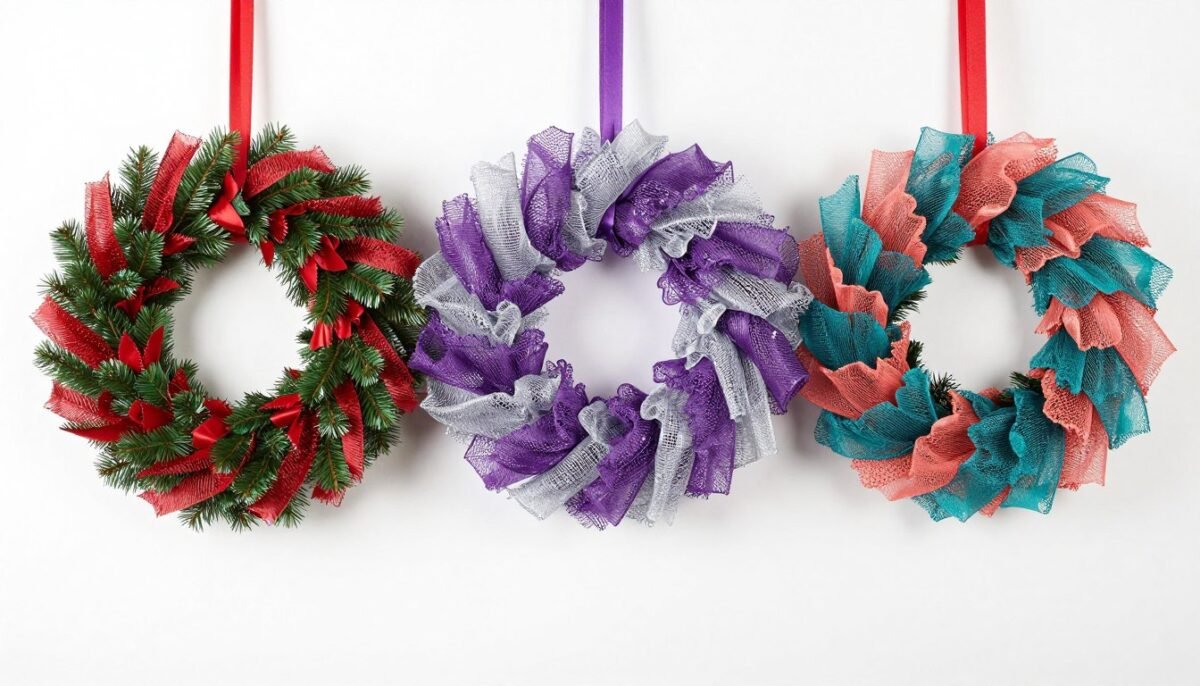 Three wreaths displaying different color schemes side by side