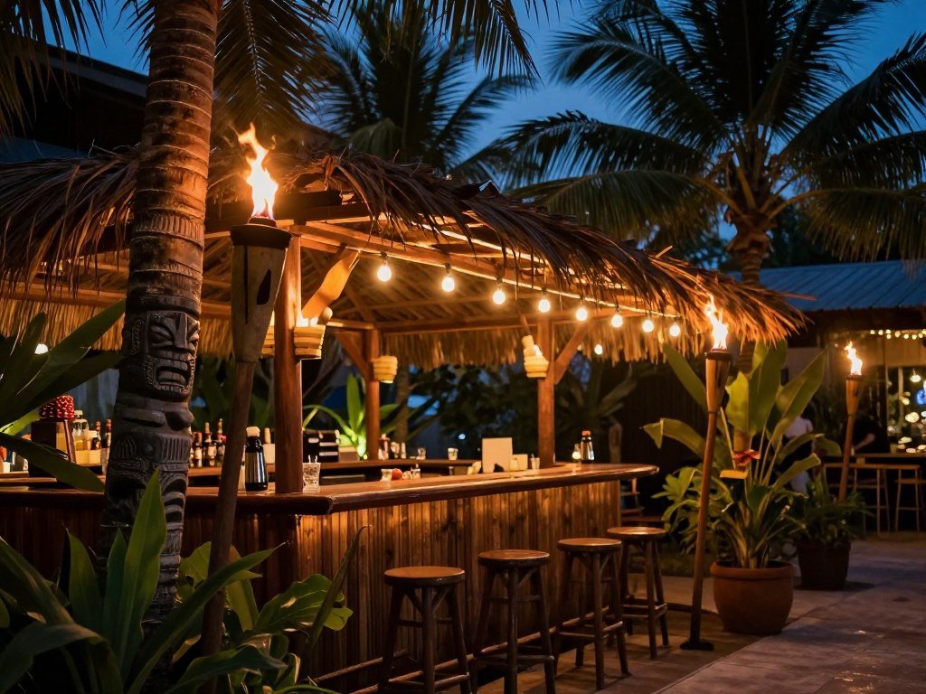 Tiki torches and string lights creating tropical ambiance