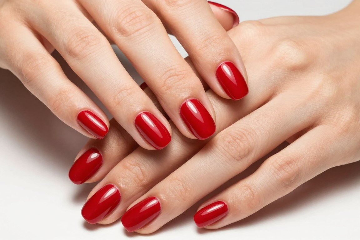 Timeless classic red July nails manicure with glossy finish and elegant appeal