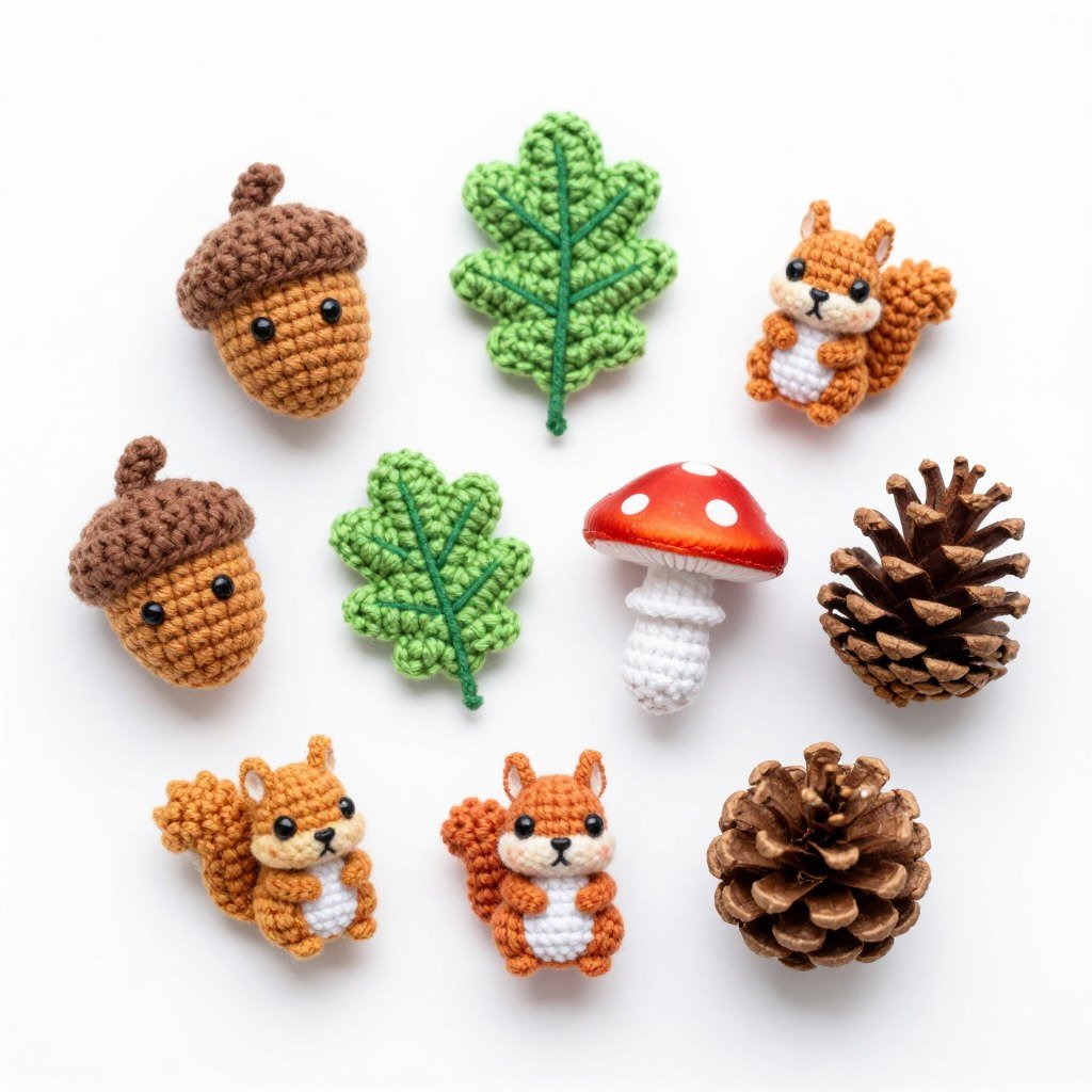 Tiny crochet acorn and accessories for squirrel pattern