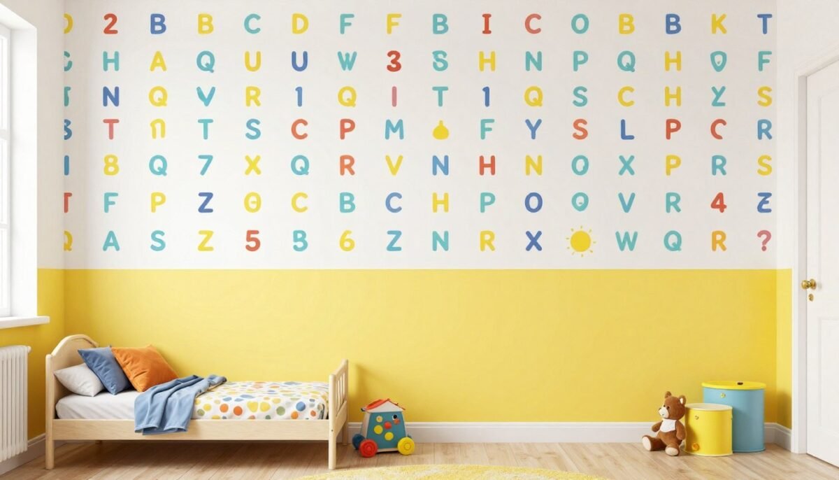 Toddler's room with alphabet wallpaper above and yellow paint below