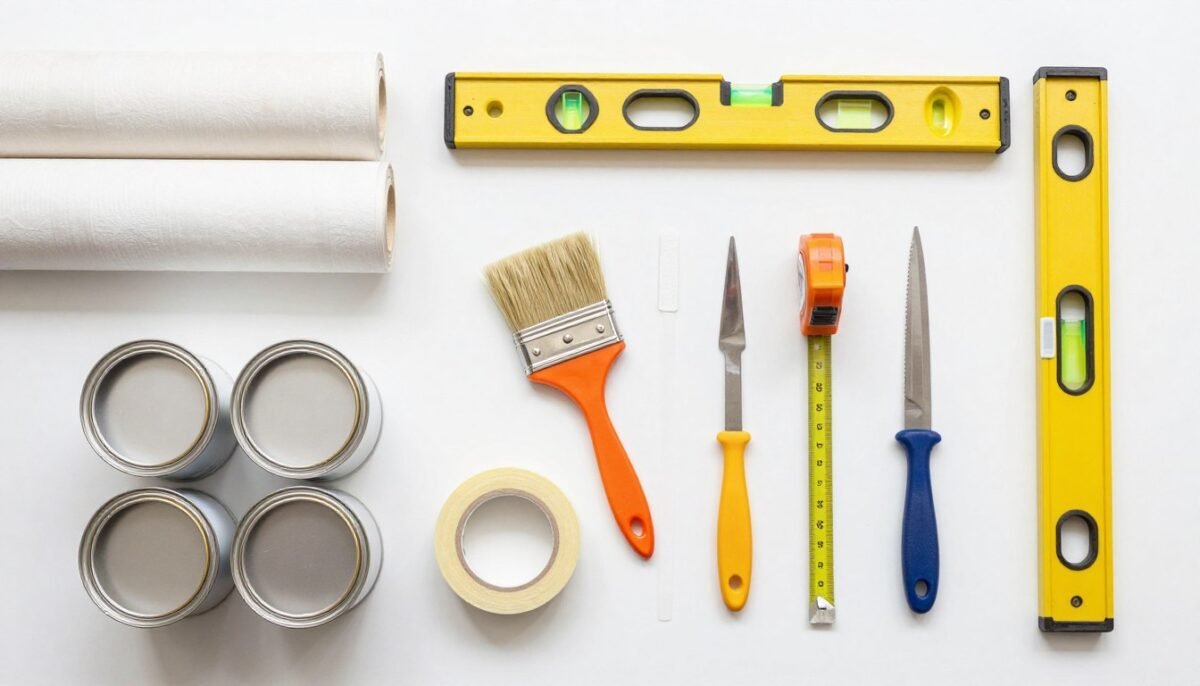 Tools and materials for half wallpaper half paint project laid out
