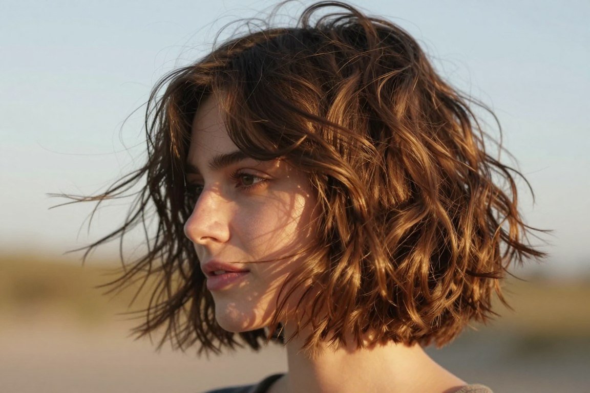 Tousled bob with beachy waves for thin hair showing relaxed texture