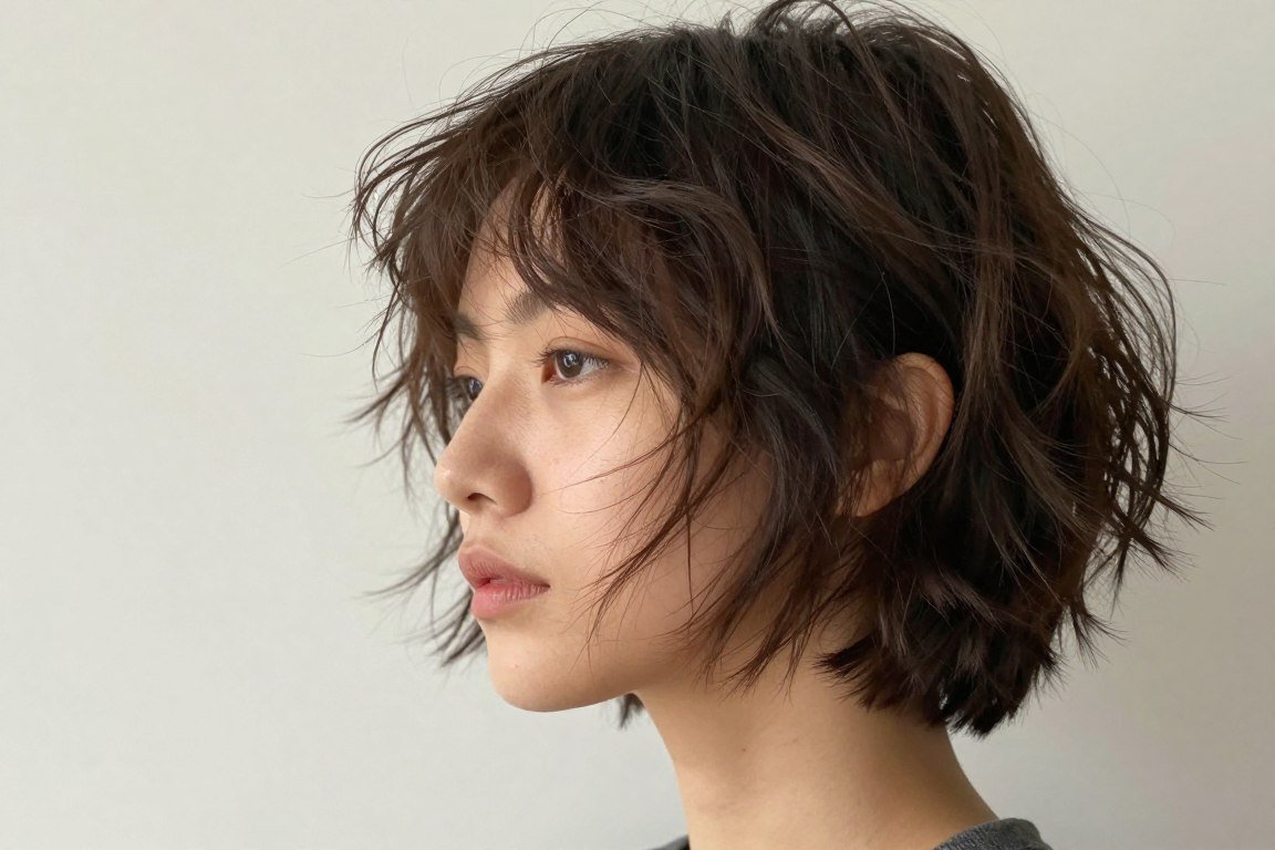 Tousled choppy bob with intentional bedhead texture for effortless fine hair volume