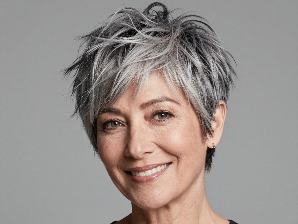 Tousled gray pixie with carefree messy texture