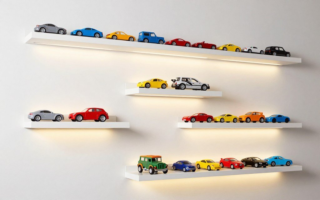 Toy car storage using IKEA RIBBA picture ledges