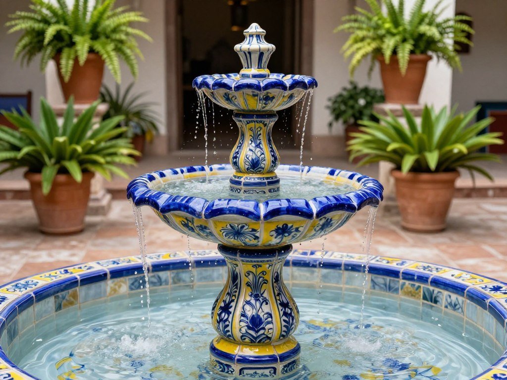 Traditional Mexican fountain with colorful Talavera tiles