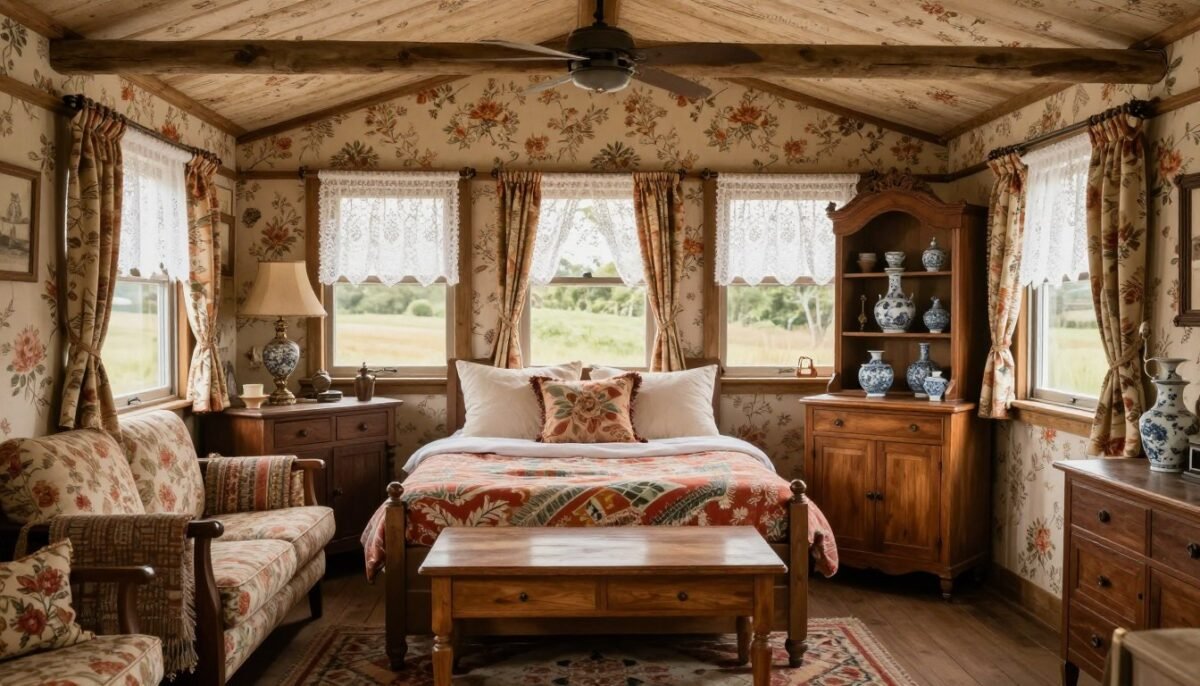 Traditional country interior in 16x40 shed house