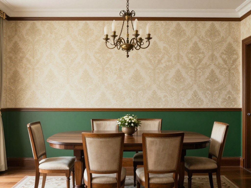 Traditional dining room with dado rail separating cream wallpaper above and deep green paint below