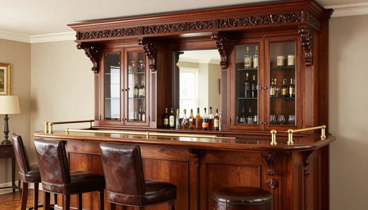 Traditional mahogany bar with ornate carved details for built-in bar ideas