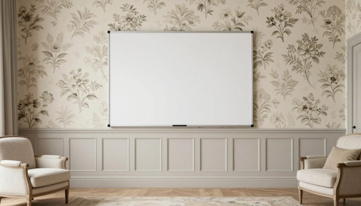 Traditional room with board and batten below floral wallpaper