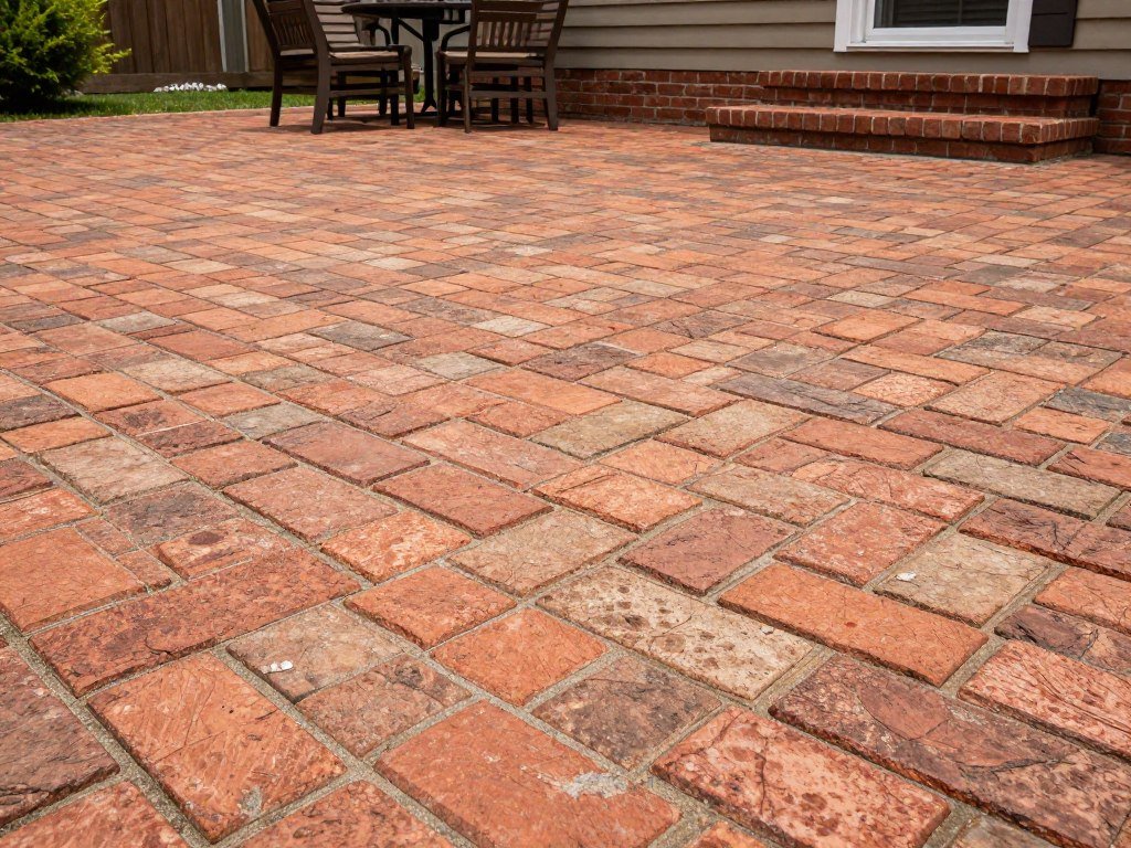 Traditional stamped concrete patio with running bond brick pattern in terracotta and red tones