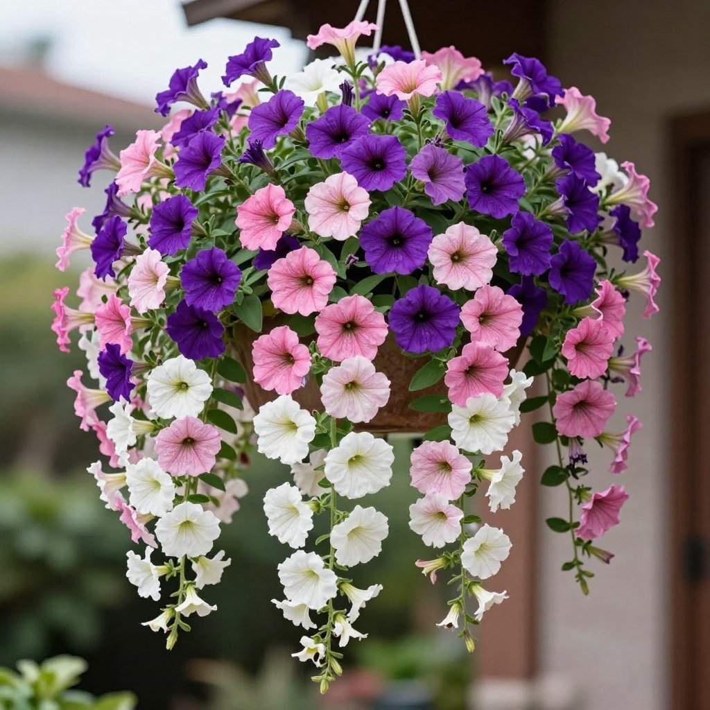 Trailing petunias in vertical planter