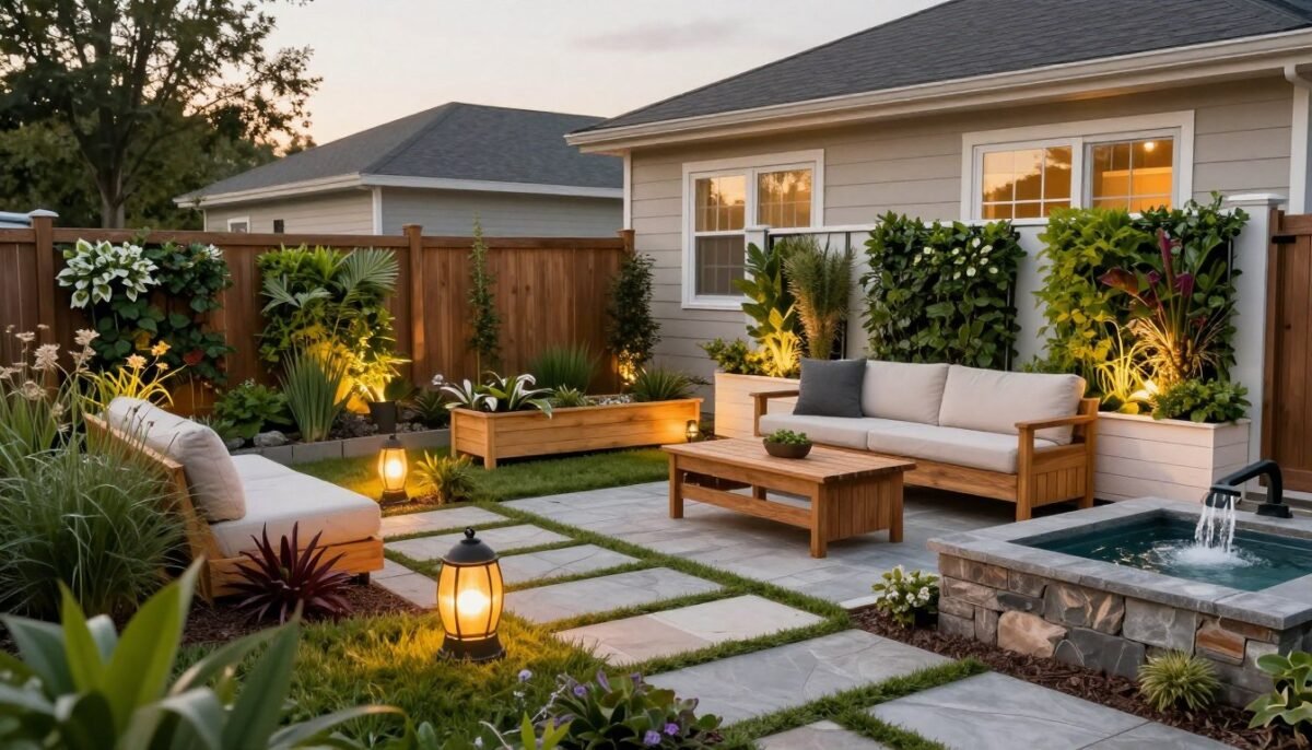 Transformed backyard showcasing multiple DIY decor projects creating cohesive beautiful outdoor living space