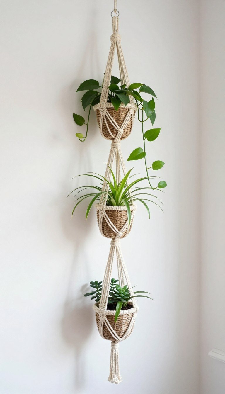 Triple-tier cascading macrame plant hanger holding three plants