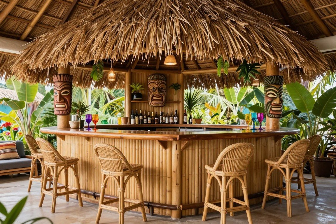 Tropical bamboo bar with tiki decor and island style for built-in bar ideas