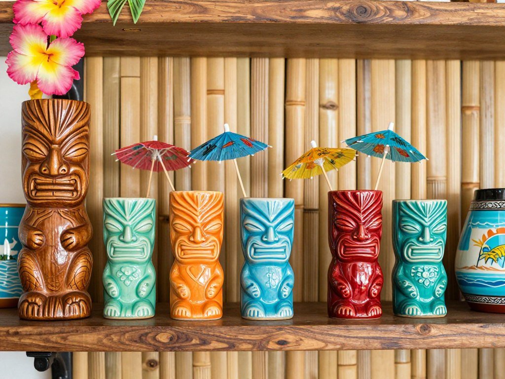 Tropical bar with tiki mugs and bamboo details for built-in bar ideas