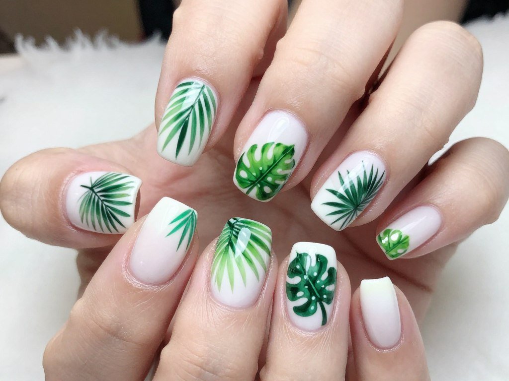 Tropical palm leaves nail art on white base for June nails