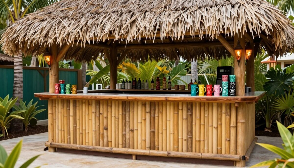 Tropical tiki bar with bamboo front and thatch roof