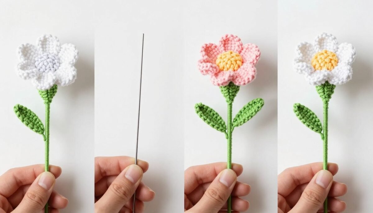 Tutorial showing how to add wire stems to crochet flowers
