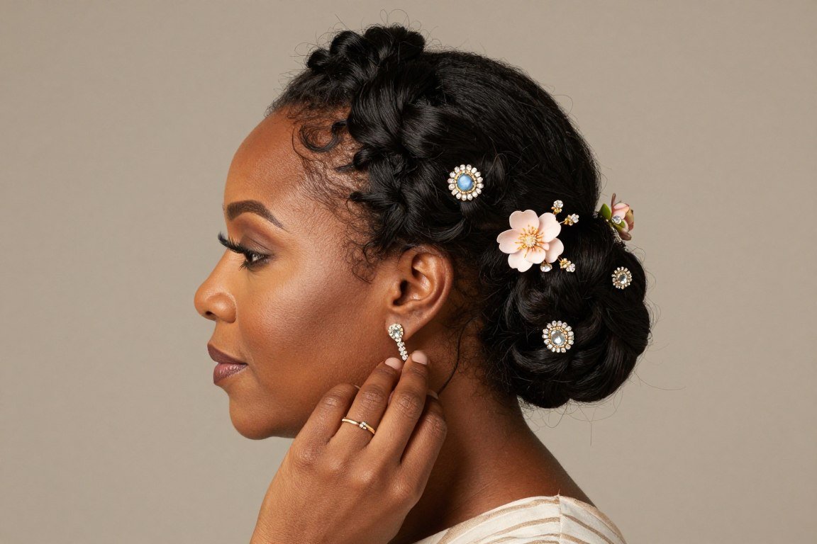 Twisted updo with decorative accessories for elegant Black women's styling