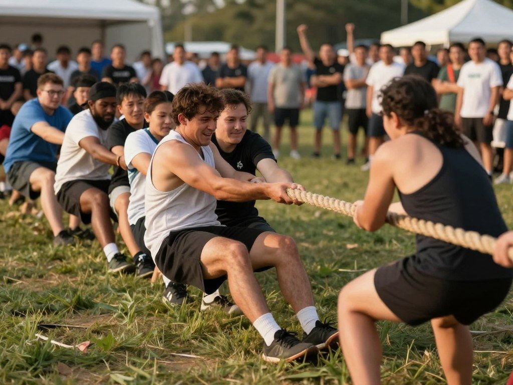 Two large teams engaged in an intense tug of war competition outdoors