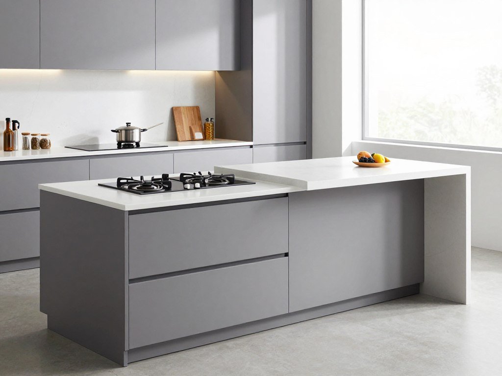 Two-level island showing height difference between cooking and bar areas