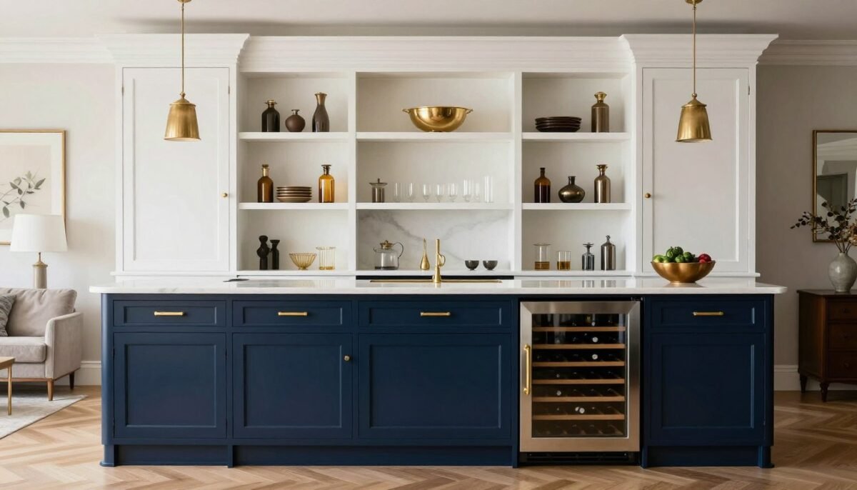 Two-tone transitional bar with integrated wine refrigerator for built-in bar ideas