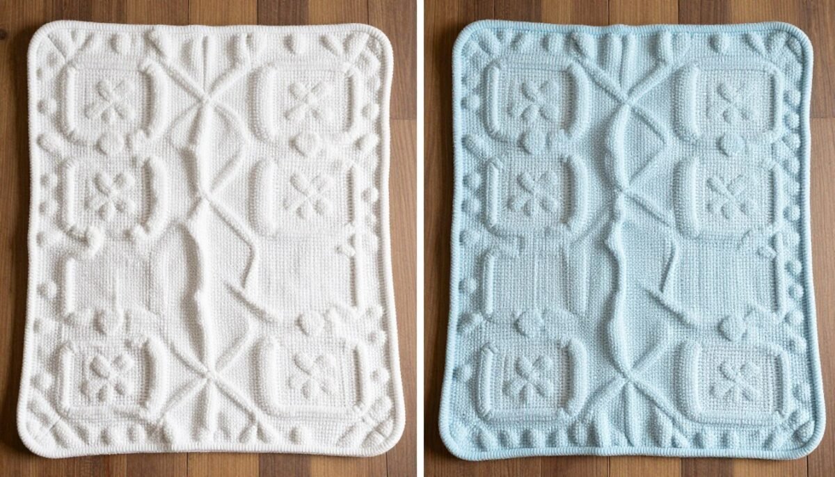 Two variations of Kate's Blessing Blanket in different yarn colors showing versatility