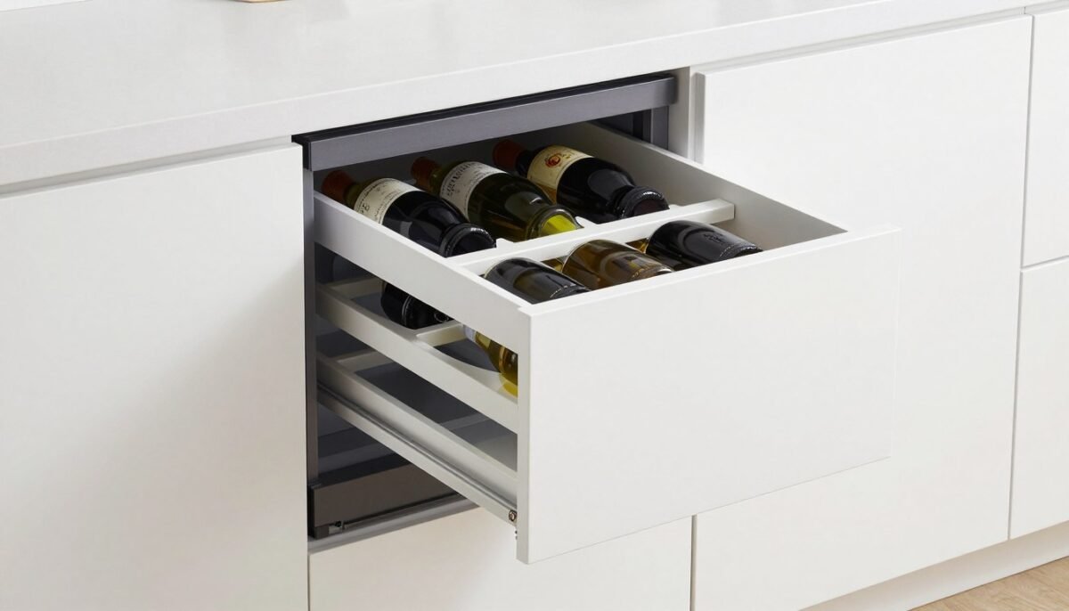 Under-counter wine storage drawers in bar cabinet