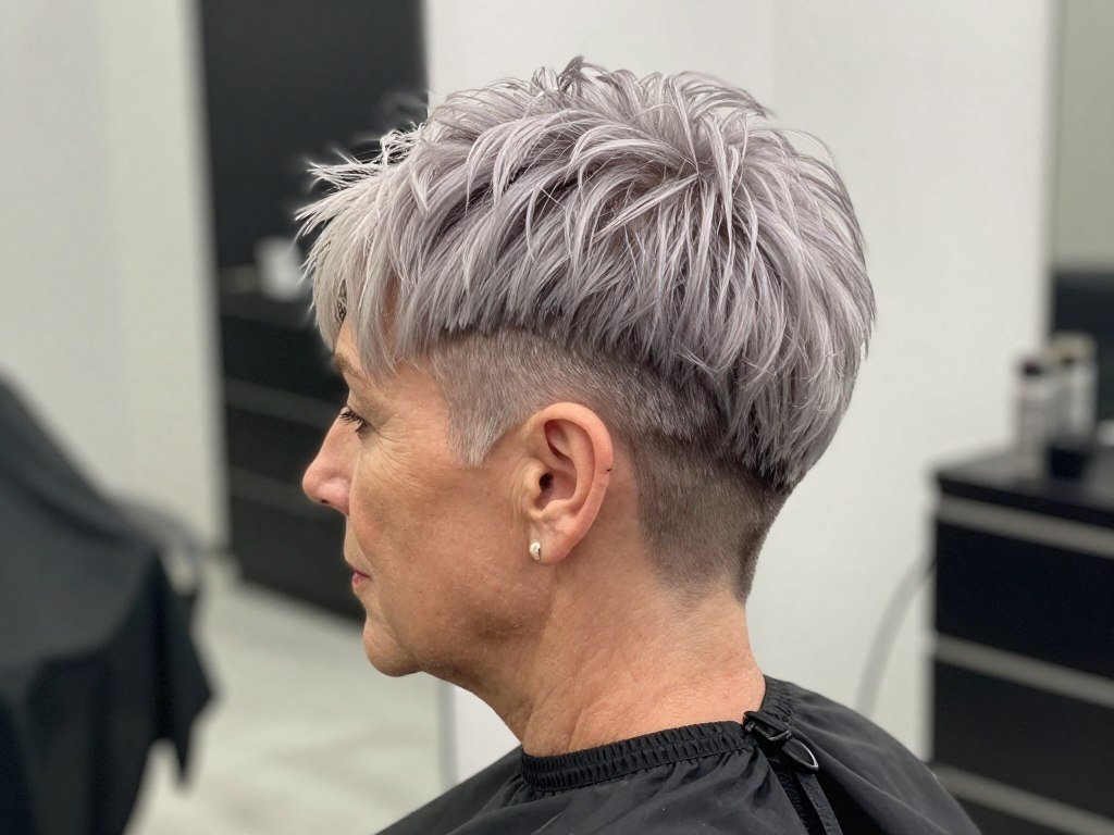 Undercut gray pixie with shaved sides and longer top
