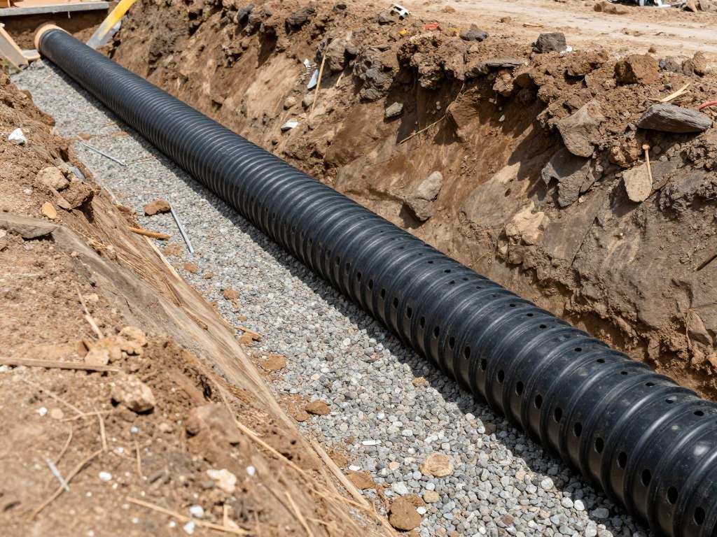Underground drainage pipe installation beneath dry creek bed