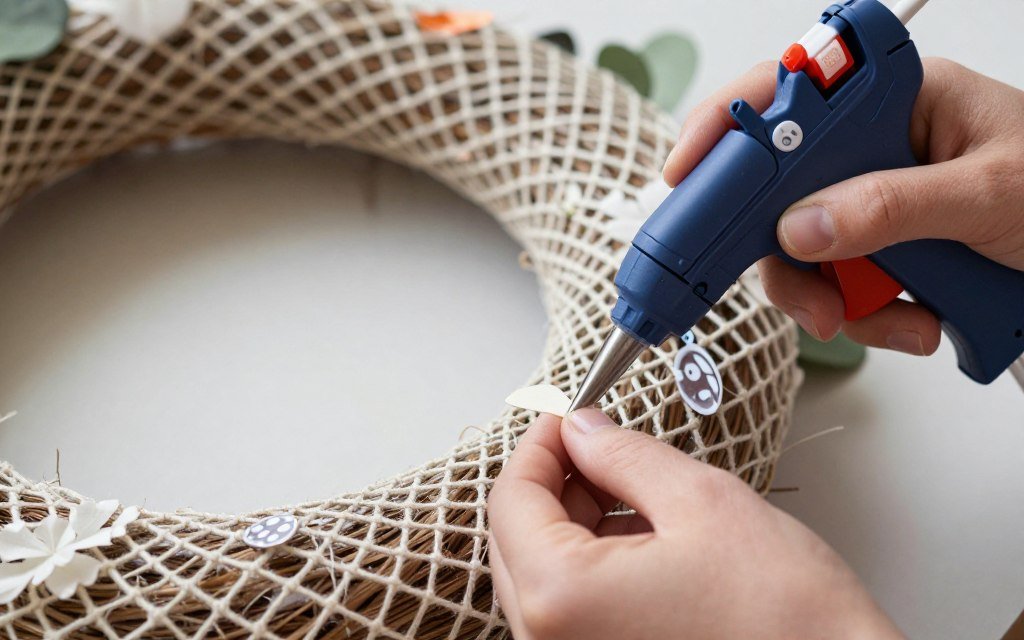 Using hot glue gun to attach decorative element to wreath
