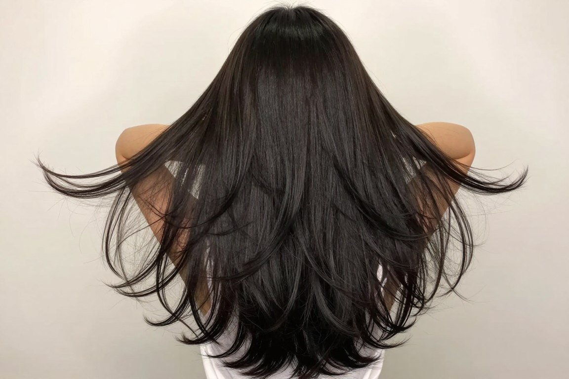 V-cut long hair with layers, witchy long hairstyle