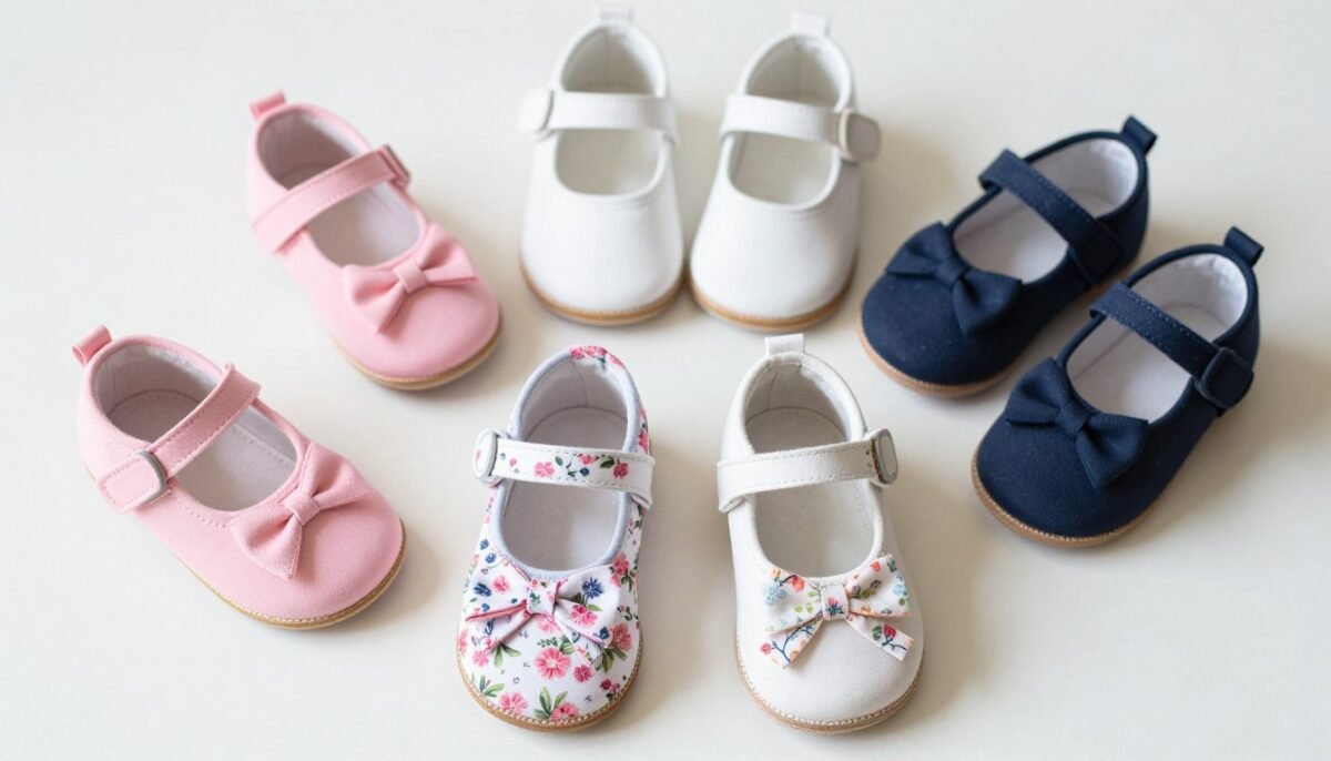 Variety of baby mary jane shoes in different colors with bow patterns